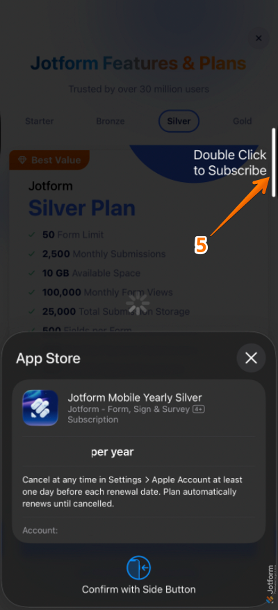 iPhone screen showing the Side Button being double-clicked to confirm an action in an iOS app