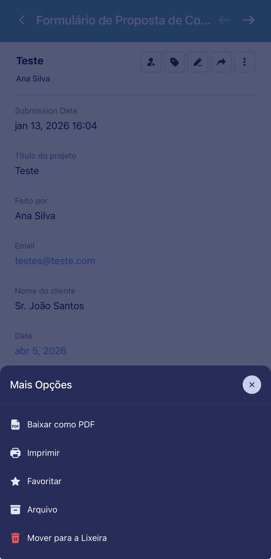 Menu Mais Opções