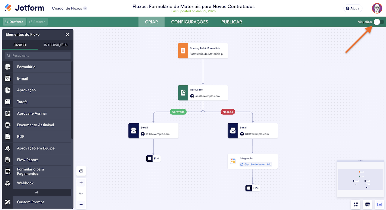Ativando o botão de Visualização no Criador de Fluxos Jotform
