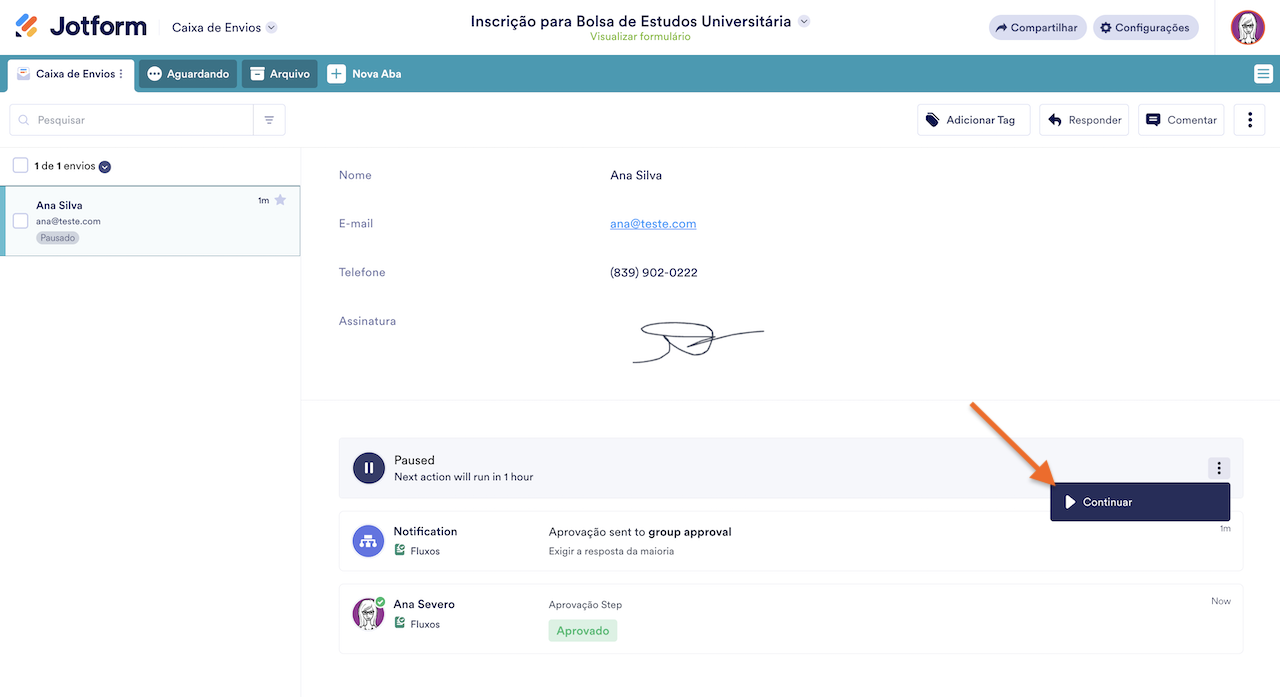 Clicando no botão Continuar na Caixa de Envios Jotform