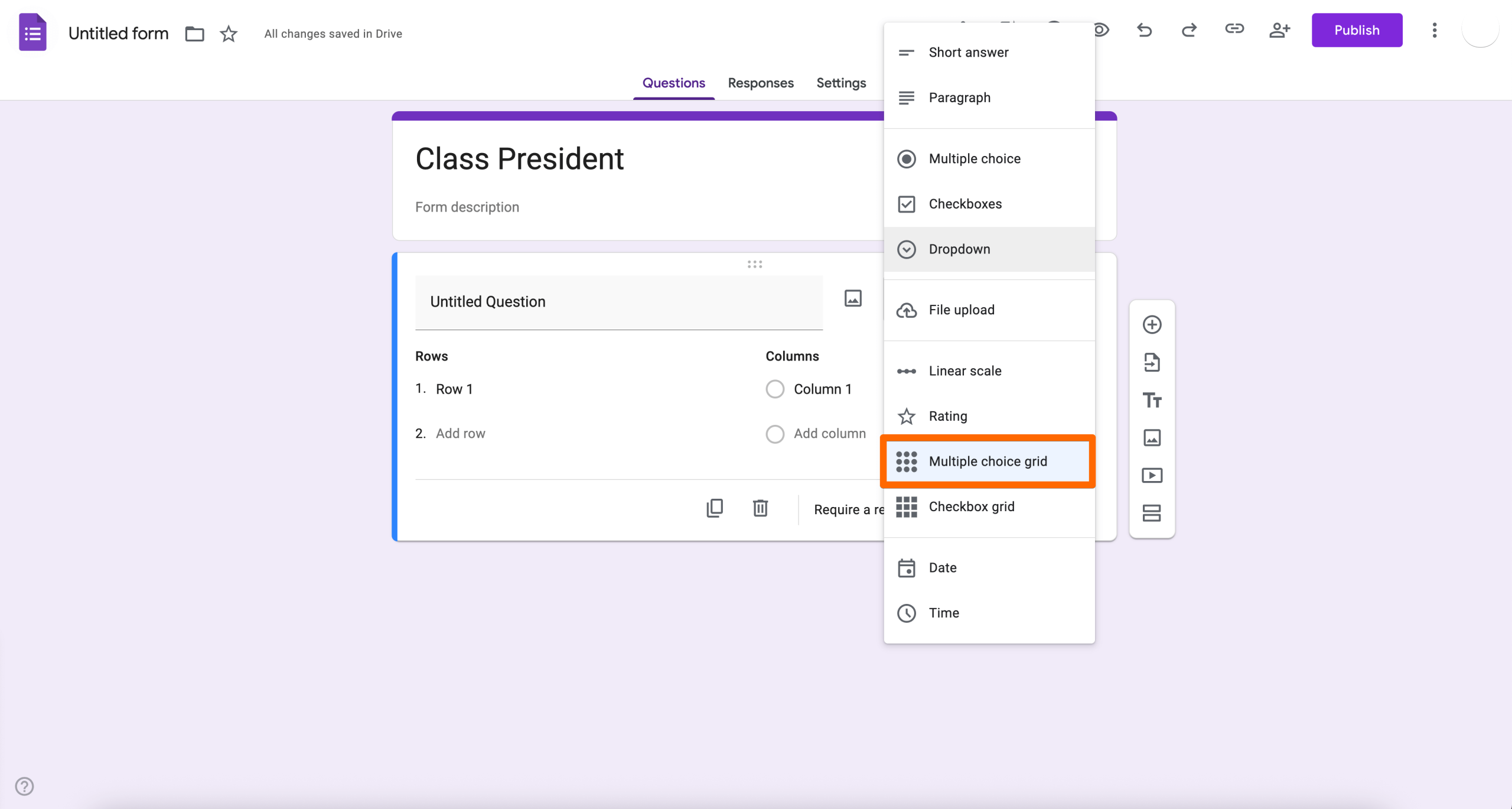 Google Forms editor showing the question type dropdown menu with “Multiple-choice grid” highlighted, indicating it is being selected for a ranking-style question