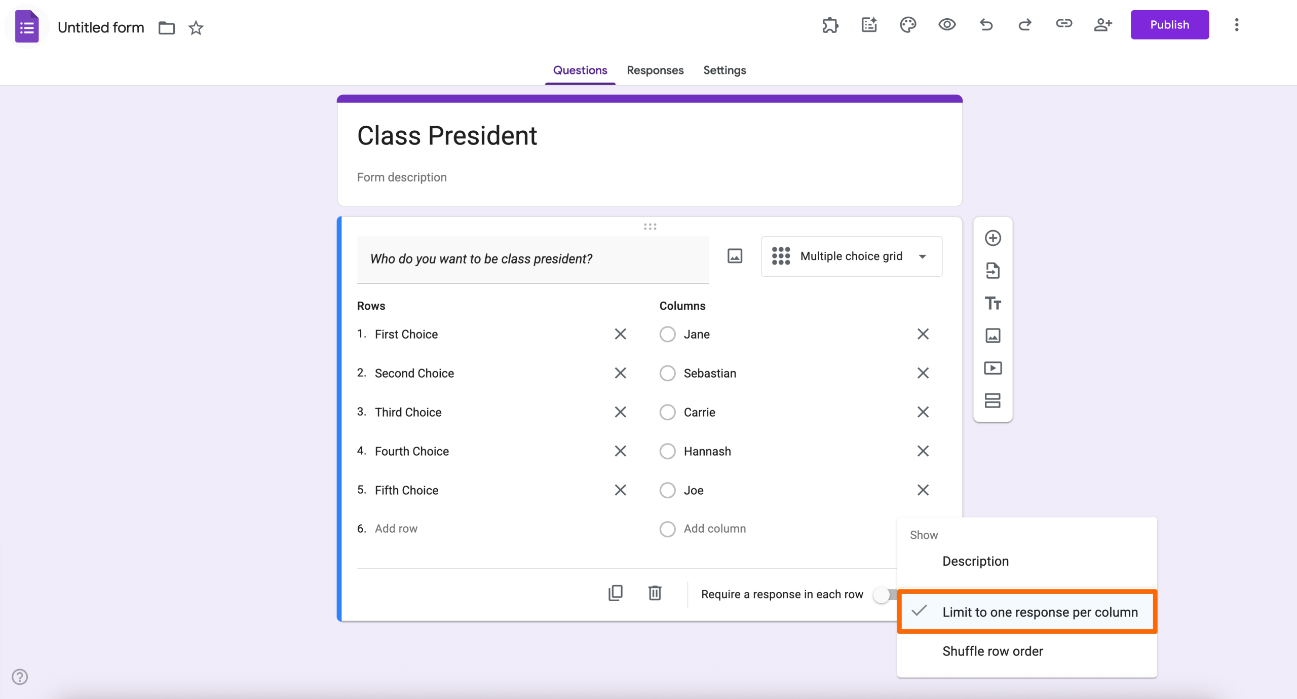 Google Forms multiple-choice grid question titled “Class President,” with ranking options listed in rows and candidate names in columns; the three-dot menu is open and “Limit to one response per column” is highlighted