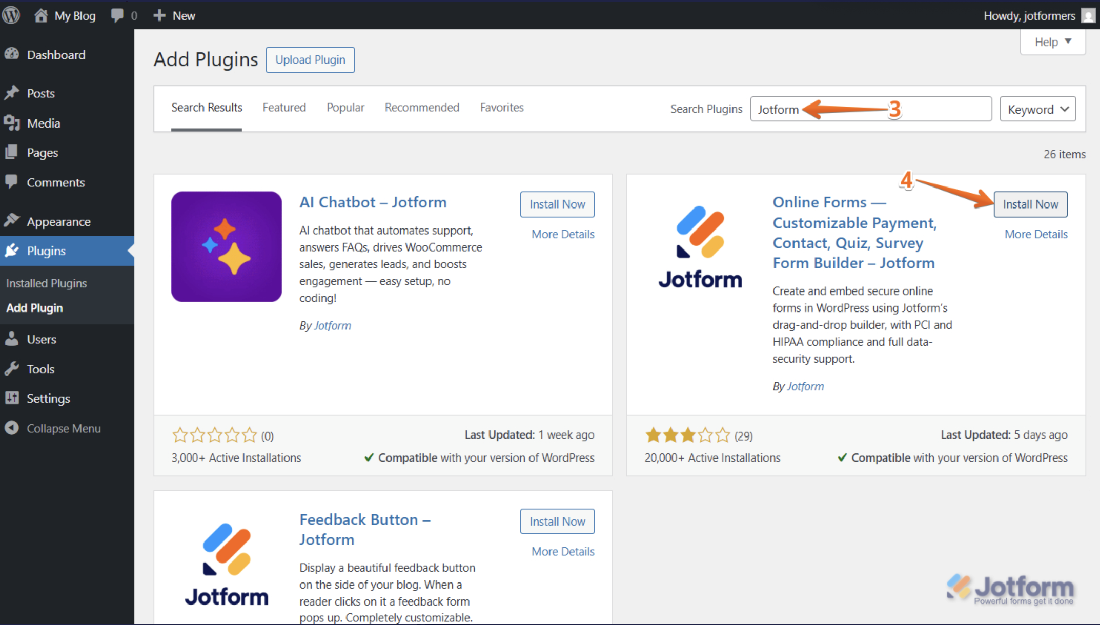 WordPressの「Add Plugin」画面で、検索欄に「Jotform」と入力した状態。Jotformプラグインの検索結果が表示され、「Install Now」ボタンが確認できる。