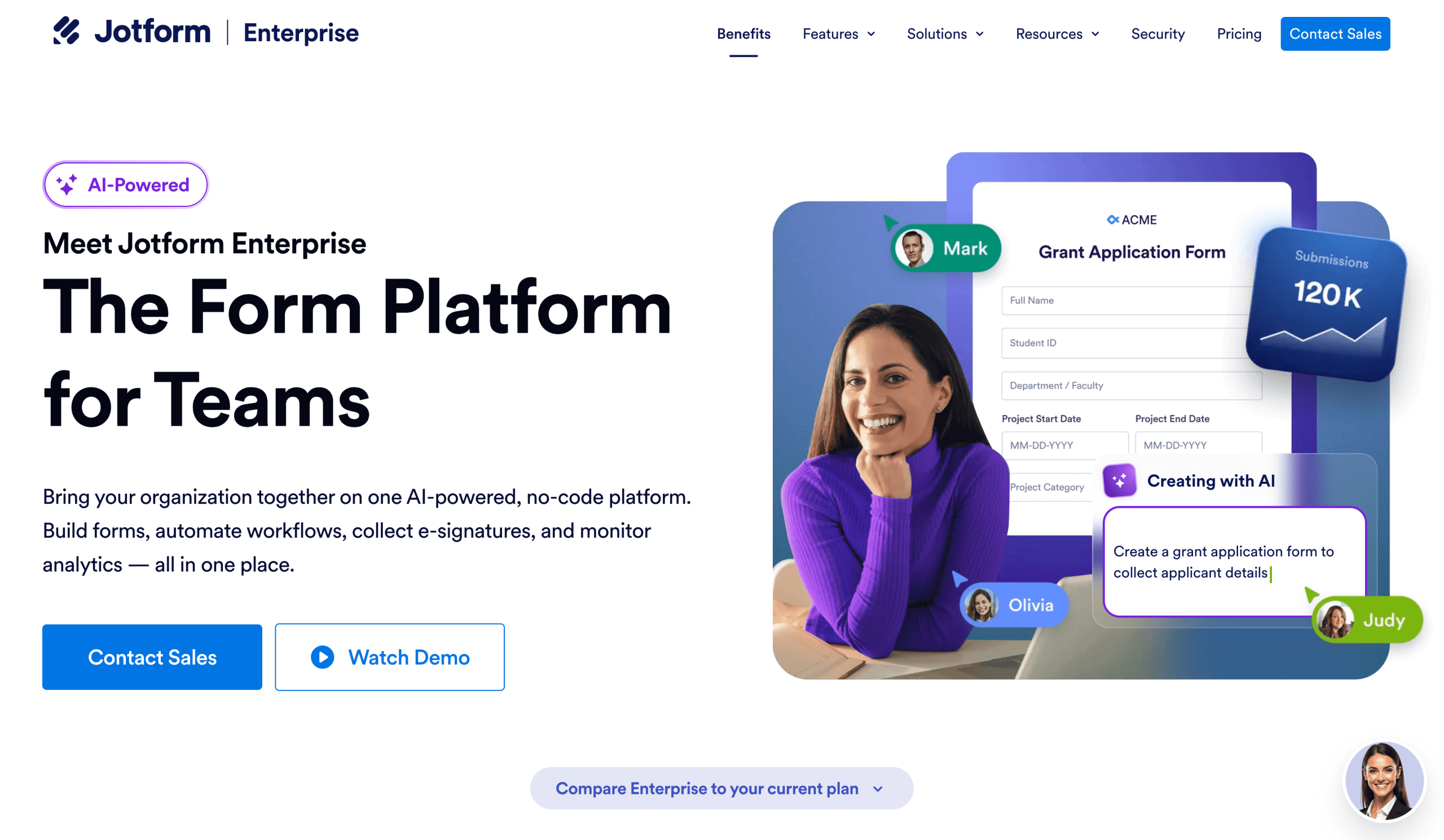 Screenshot of Jotform Enterprise's landing page, showing a headline "The Form Platform for Teams"
