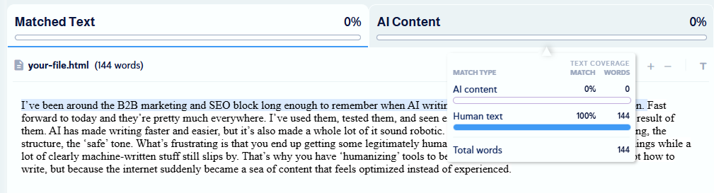 Interfaz de análisis de IA mostrando un texto corto reescrito clasificado como 100% escrito por humanos