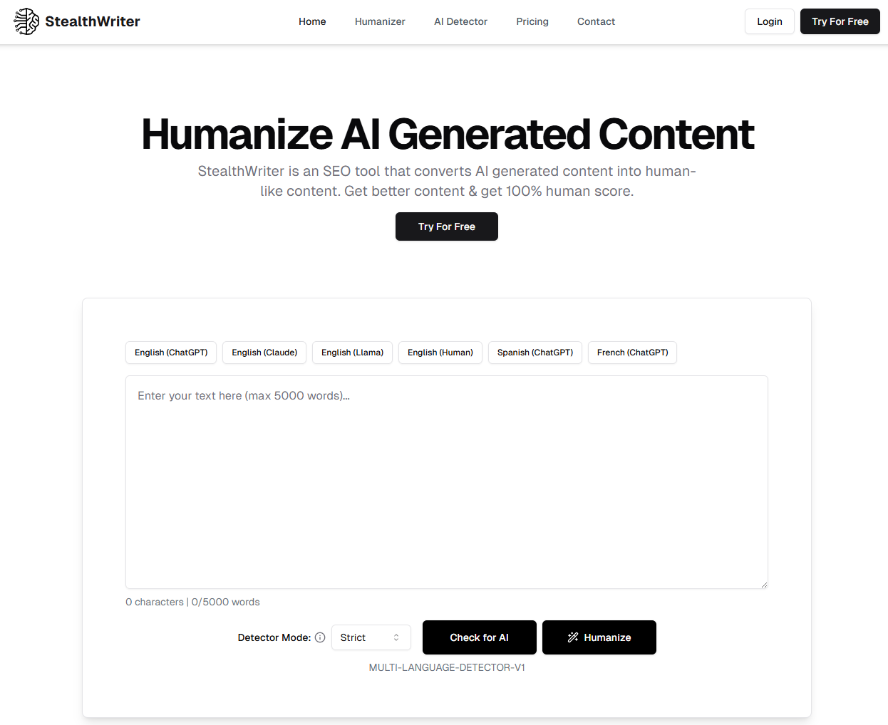 Captura de pantalla de la herramienta humanizadora de IA, StealthWriter, mostrando el campo de texto y la selección de modo de detector