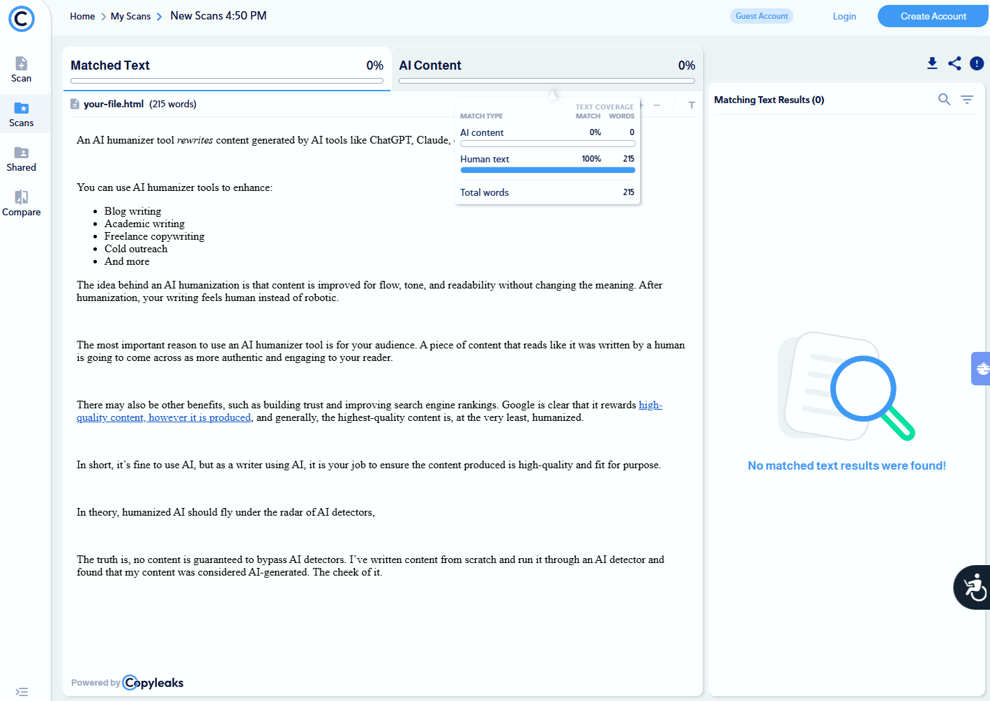 Interfaz de detección de contenido de IA mostrando un documento con texto resaltado y un panel de resultados que indica porcentajes de texto coincidente y contenido de IA