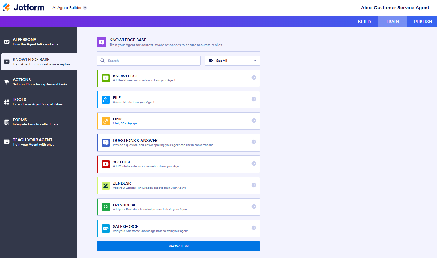 Panel de control del Creador de Agentes de IA de Jotform mostrando una lista de herramientas e integraciones conectadas, incluyendo base de conocimientos, correo electrónico y servicios de terceros