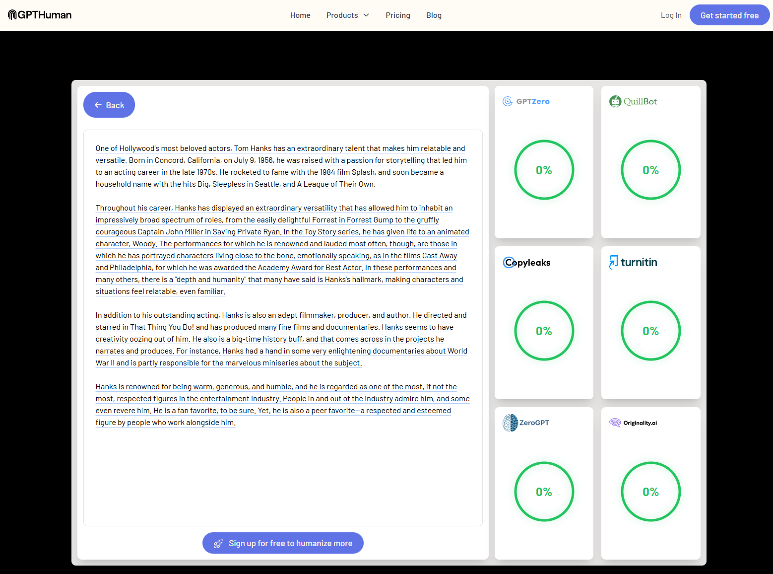 Página de resultados de detección de IA estilo GPTZero mostrando múltiples indicadores, cada uno mostrando 0% de probabilidad de IA