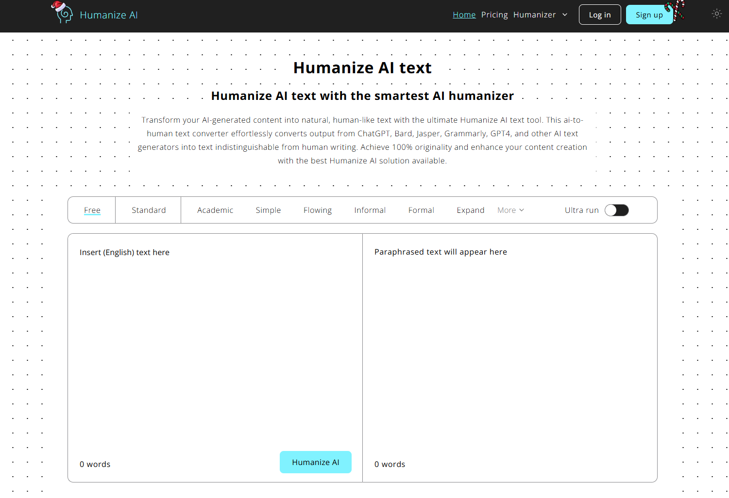 Captura de pantalla de la herramienta humanizadora de IA, Humanize, mostrando el campo de texto y opciones de personalización de tono