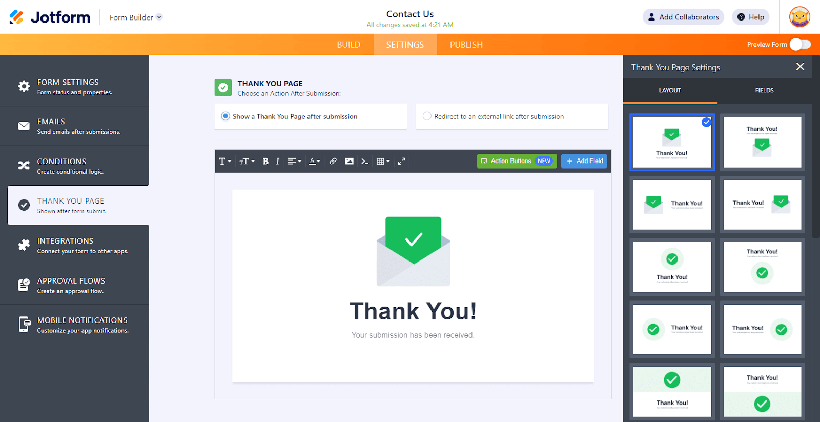 Jotform Thank You Page settings displaying a panel of built-in thank you page templates on the right, allowing users to select and customize a predefined confirmation layout