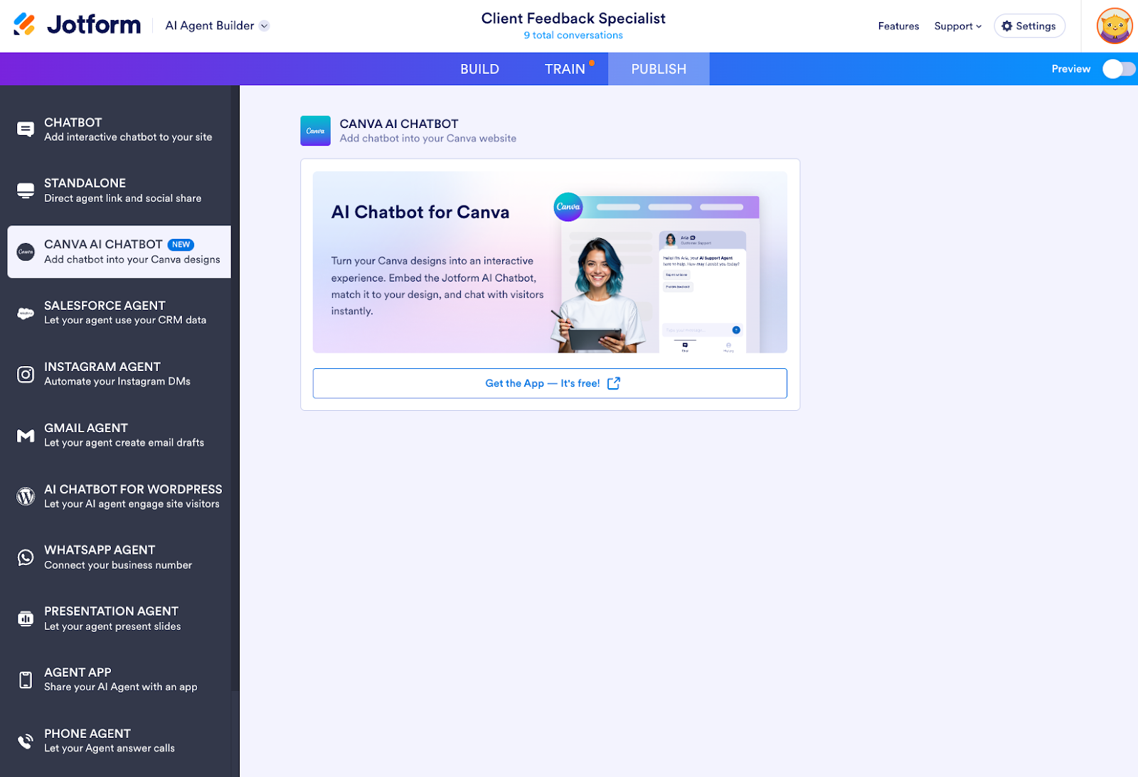 Clicking on the Publish tab and then viewing the Canva AI Chatbot page
