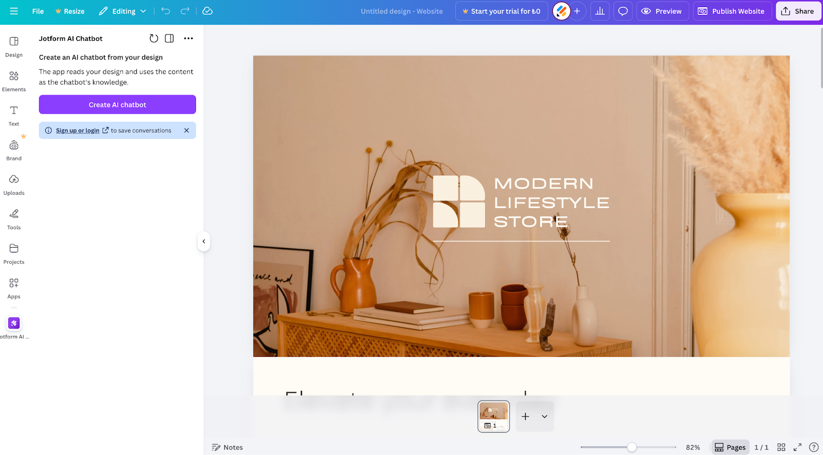 Clicking on the "Create AI chatbot" button on the Jotform AI Chatbot app on Canva