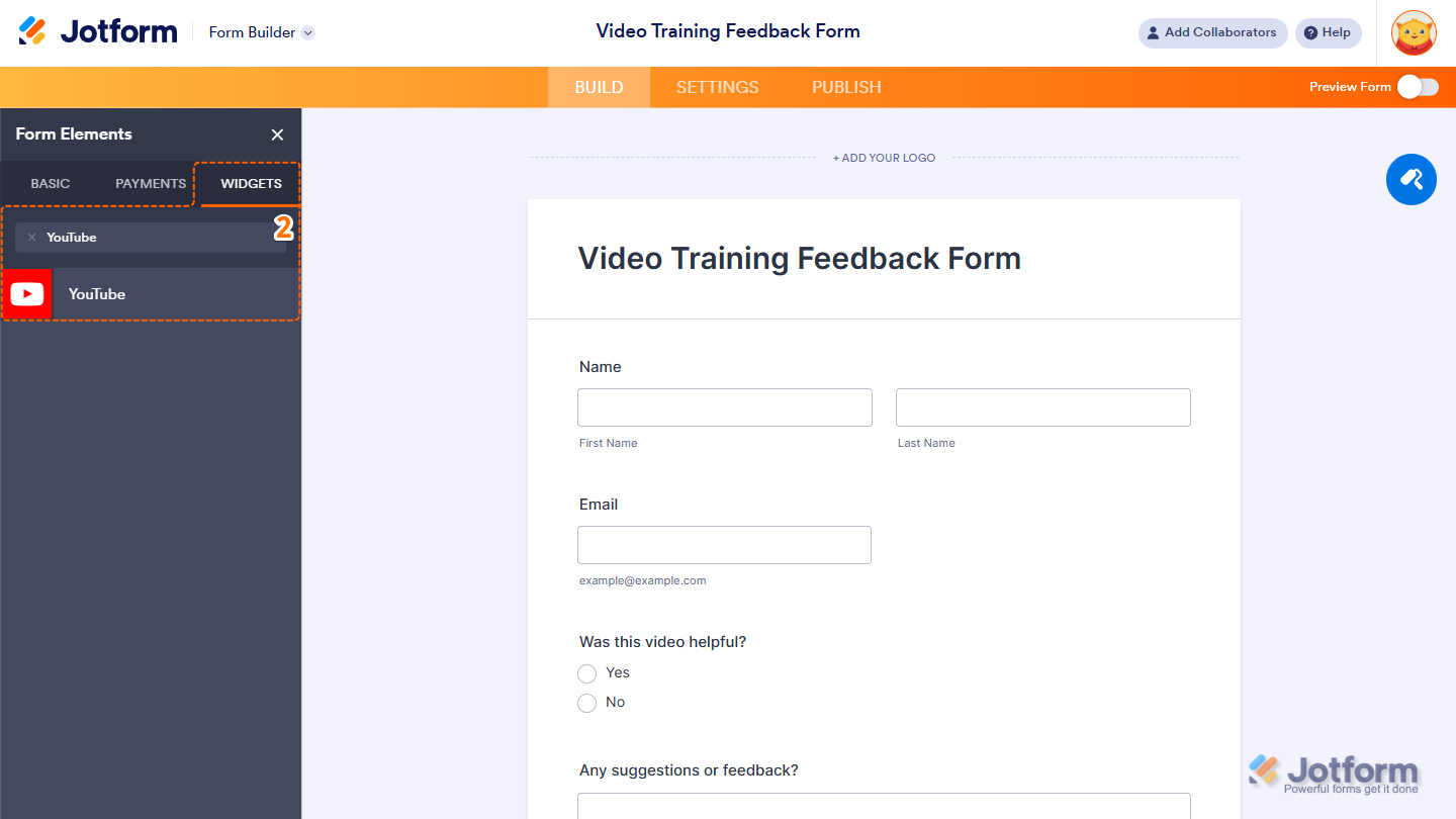 Form Elements Widgets tab showing YouTube widget selection in Jotform