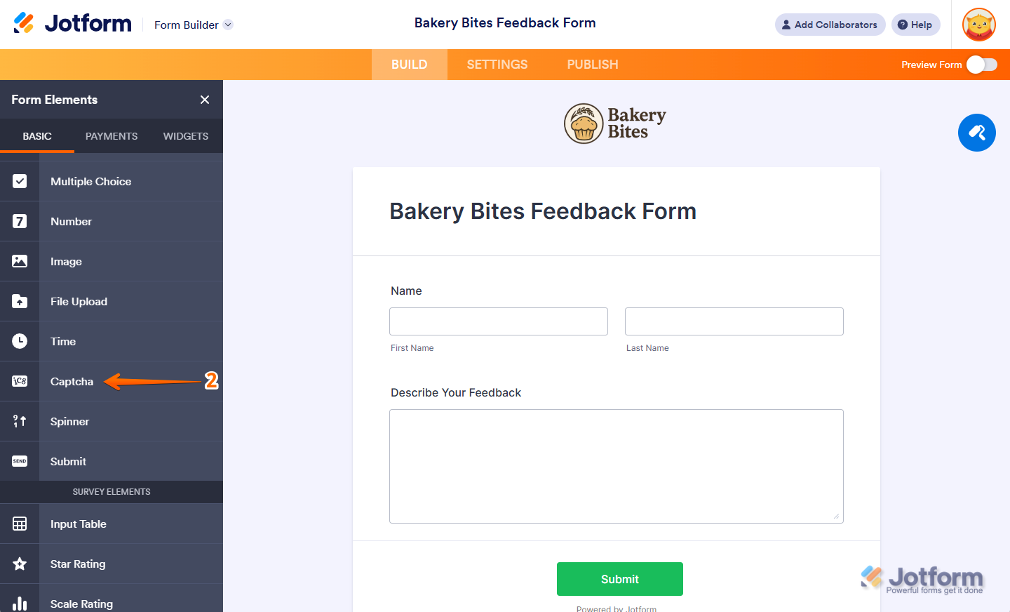 Jotform Form Builder with the Form Elements panel open on the left, showing the CAPTCHA option highlighted and ready to be added to the form