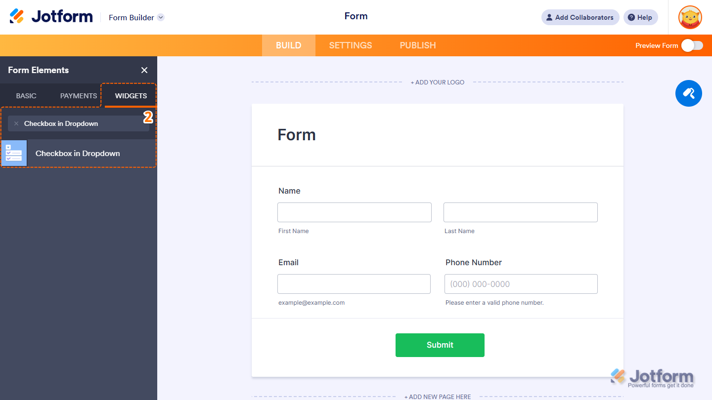 Form Elements Widgets tab showing Checkbox in Dropdown widget selection in Jotform