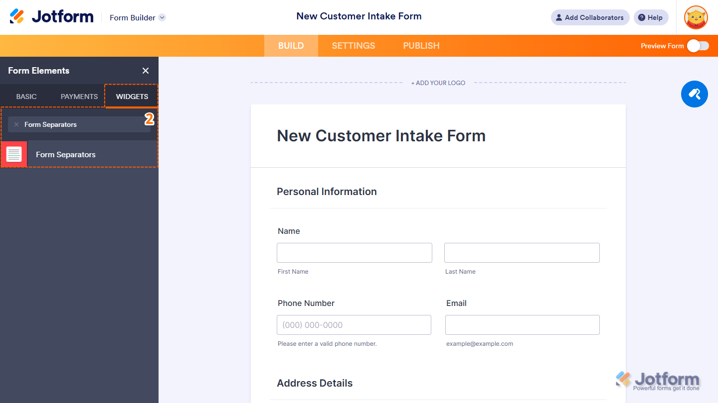 Form Elements Widgets tab showing Form Separators widget selection in Jotform