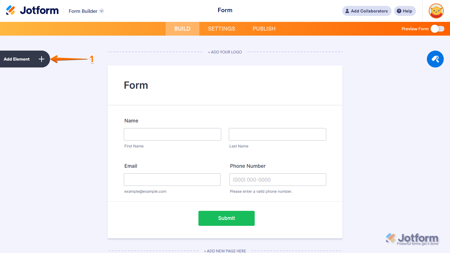 Form Builder Add Element menu in Jotform