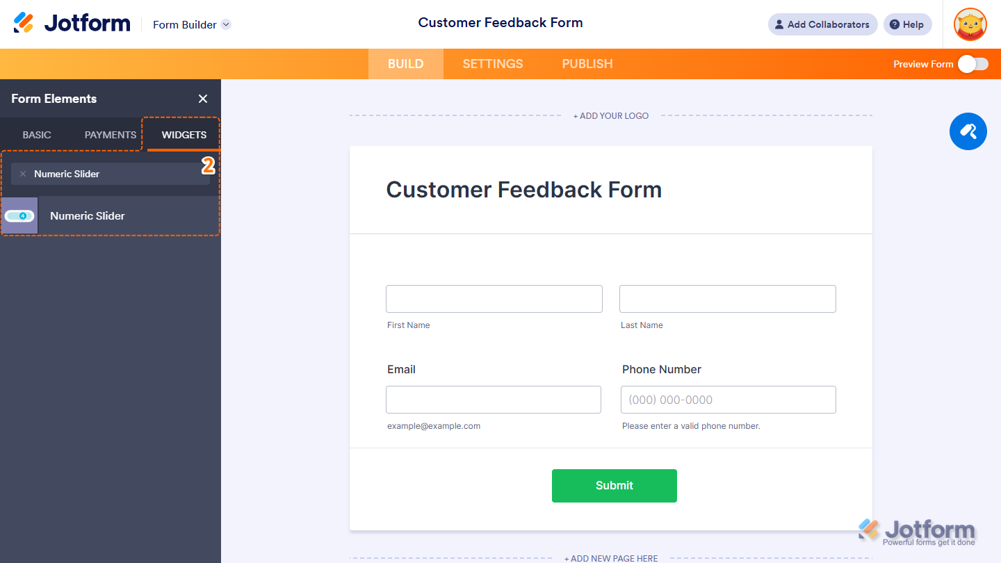 Form Elements Widgets tab showing Numeric Slider widget selection in Jotform