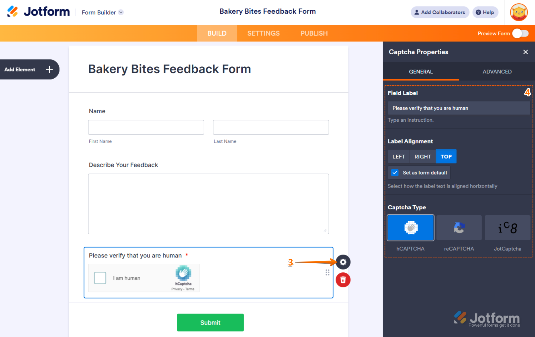 Jotform Form Builder displaying the CAPTCHA field selected within the form and the CAPTCHA Properties panel open on the right, showing options such as field label, label alignment, and CAPTCHA type