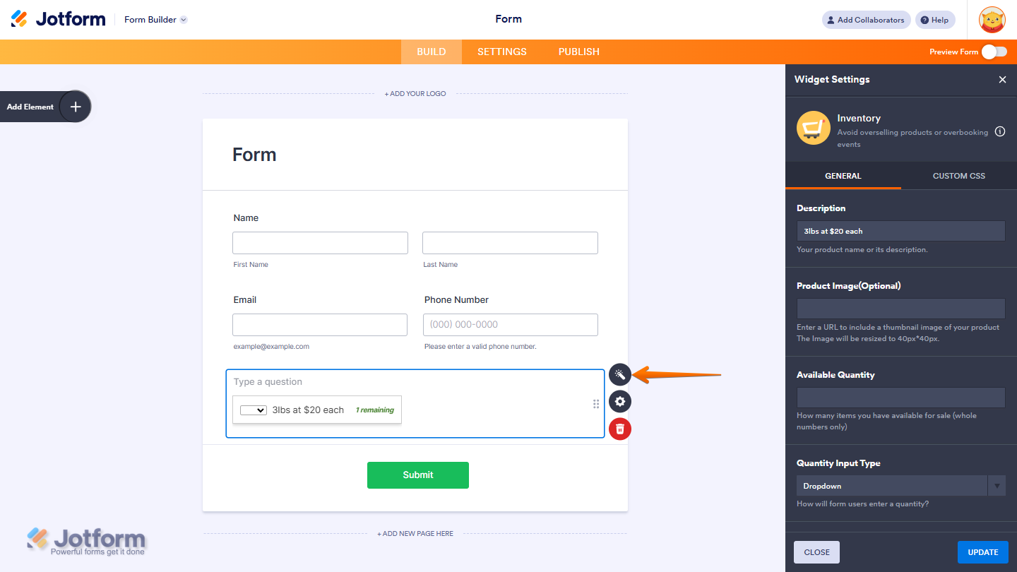 Inventory widget showing automatic quantity updates and wand icon settings for inventory management in Jotform