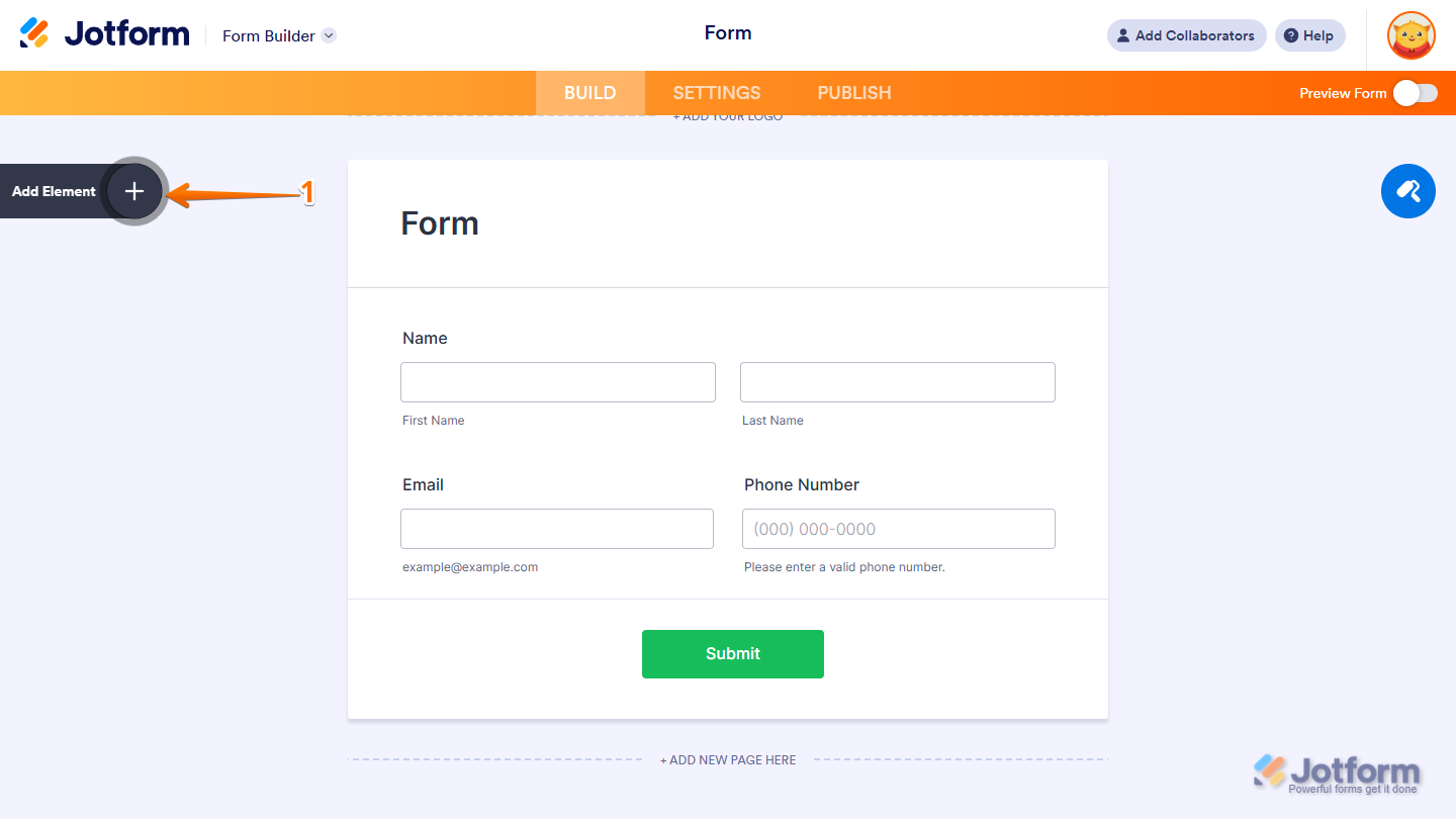 Form Builder Add Element menu in Jotform