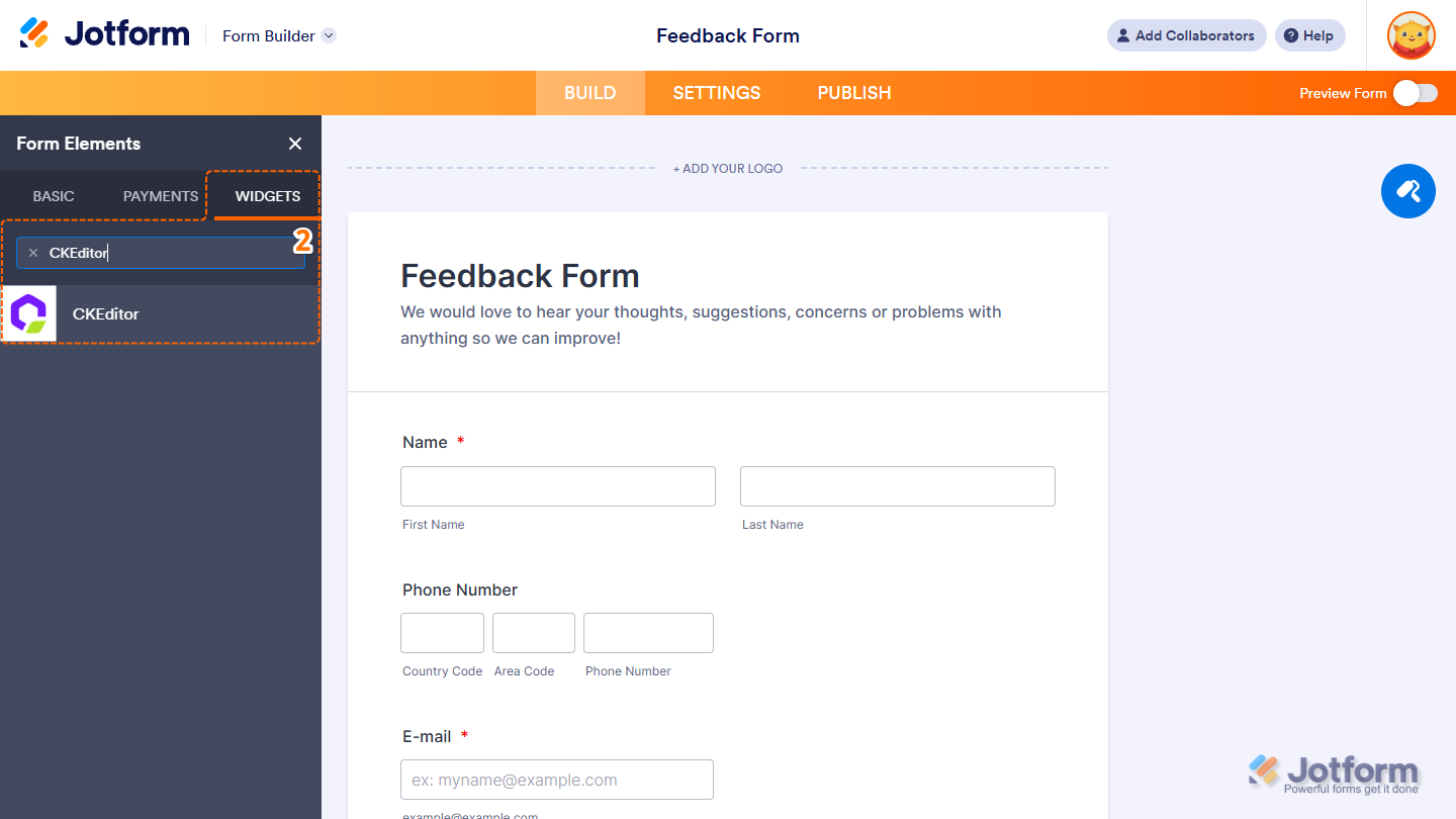 CKEditor element under the Widgets tab of the Form Elements menu in Jotform Form Builder