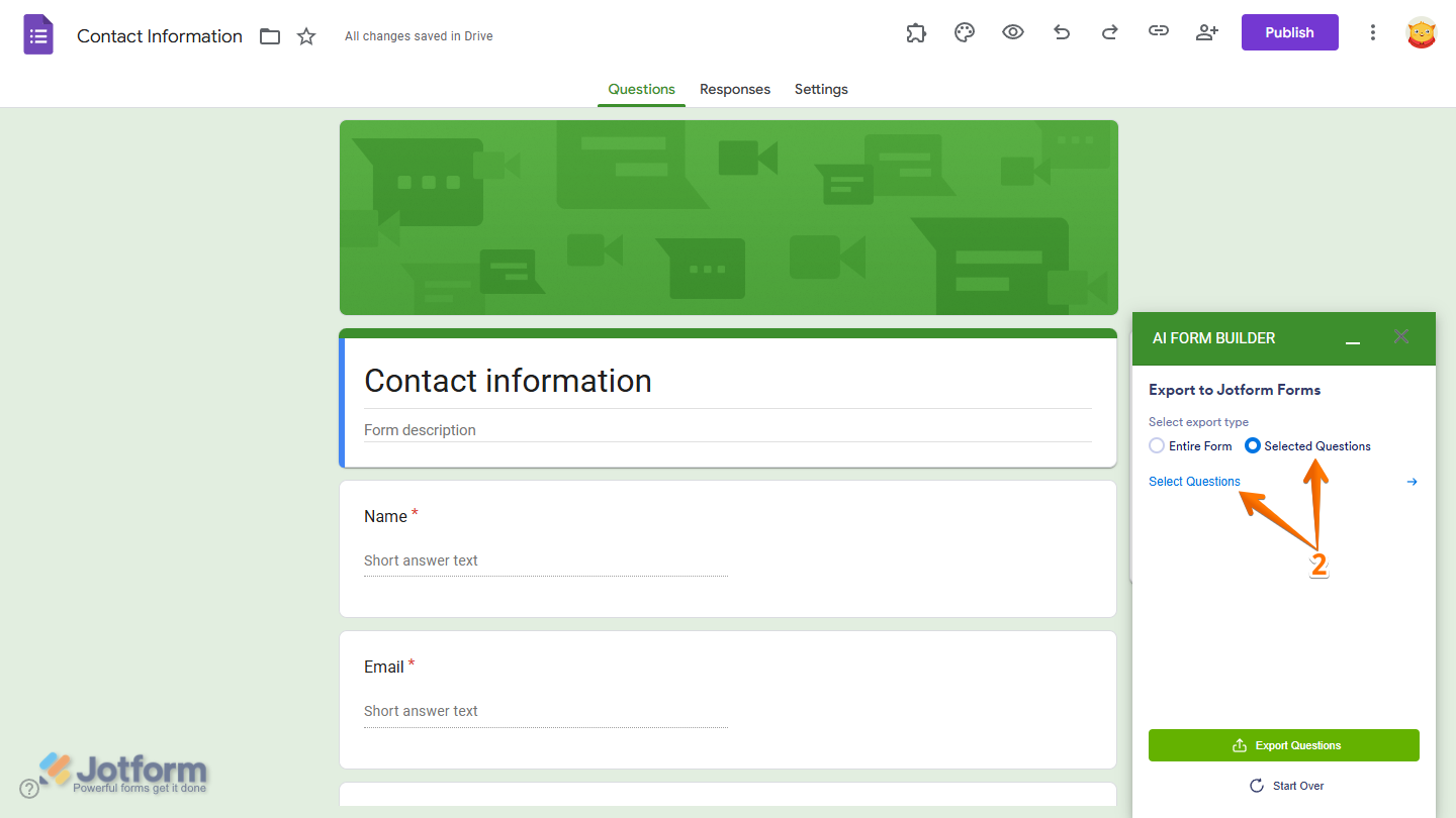 Selected Questions option in the Export to Jotform Forms section in Jotform AI Form Builder menu in Google Forms Editor