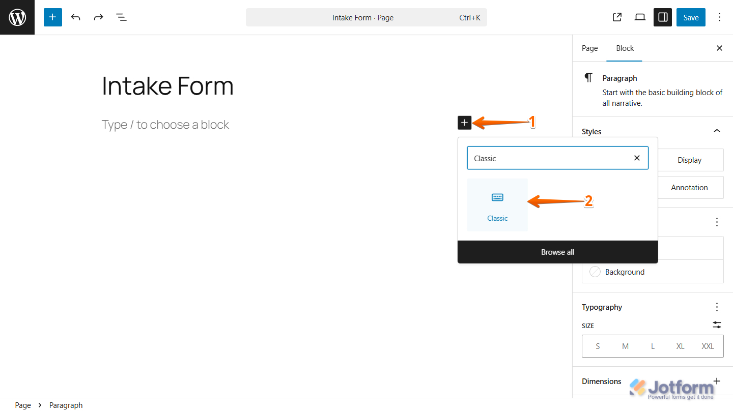 WordPress block editor open on a page titled “Intake Form,” showing the plus (+) icon clicked to add a new block and the block inserter panel with “Classic” searched and highlighted