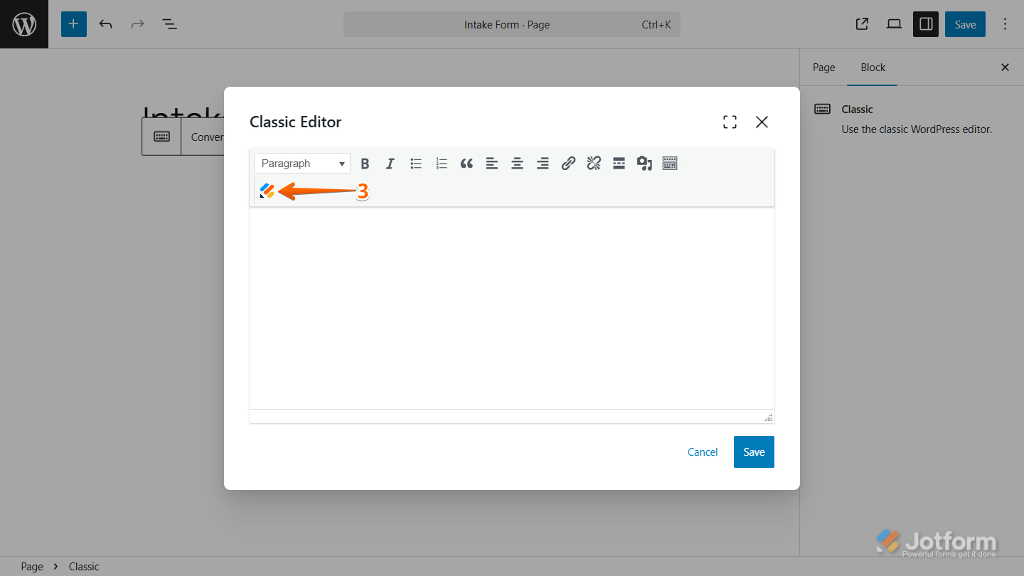 Classic Editor modal window open in WordPress, displaying the toolbar with the Jotform icon highlighted, indicating where to click to embed a form