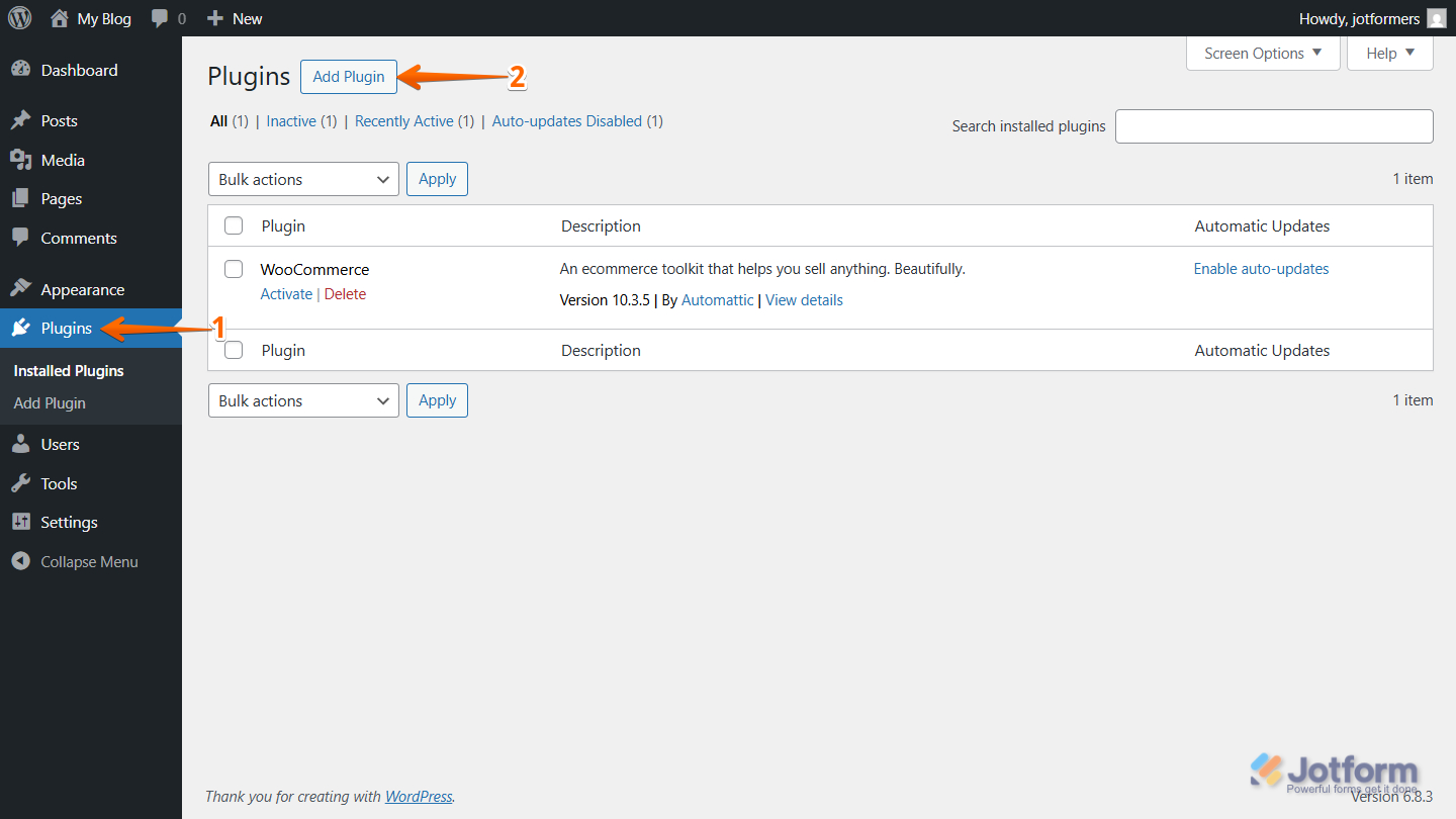 WordPress admin dashboard showing the Plugins page, with the “Add New” option highlighted in the Plugins menu