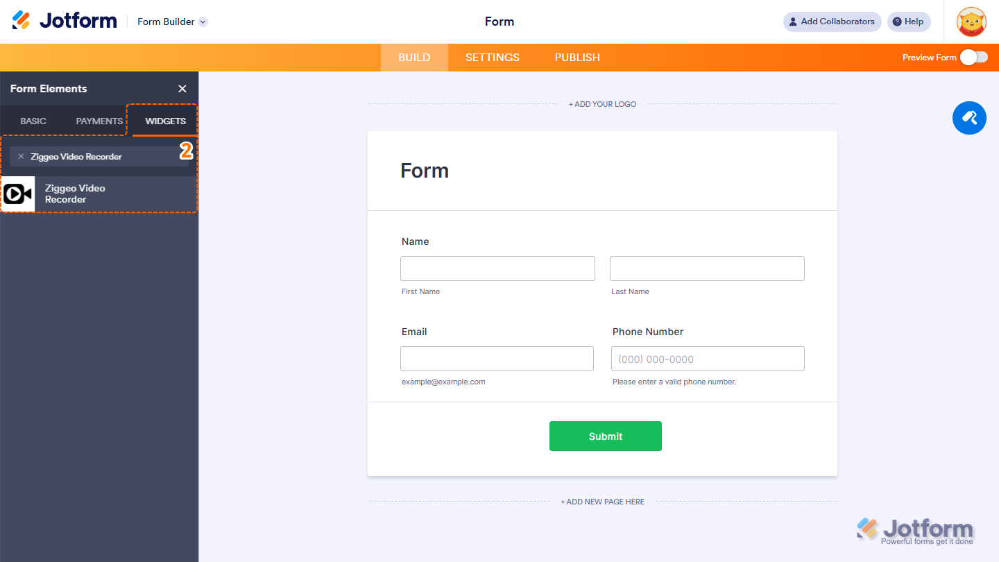 Form Elements Widgets tab showing Ziggeo Video Recorder widget selection in Jotform