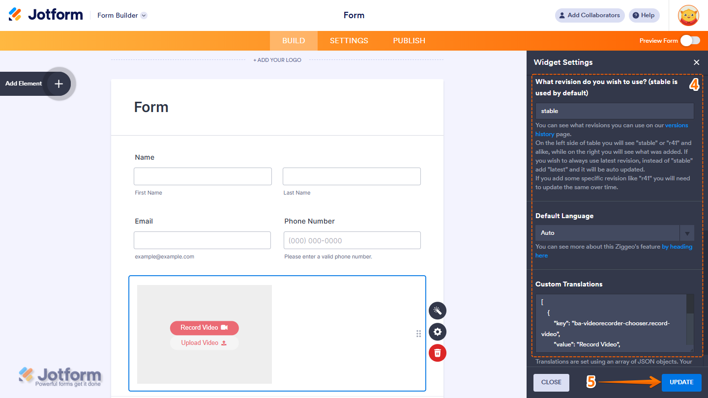 Ziggeo Video Recorder widget settings showing revision version default language custom translations and Update button in Jotform