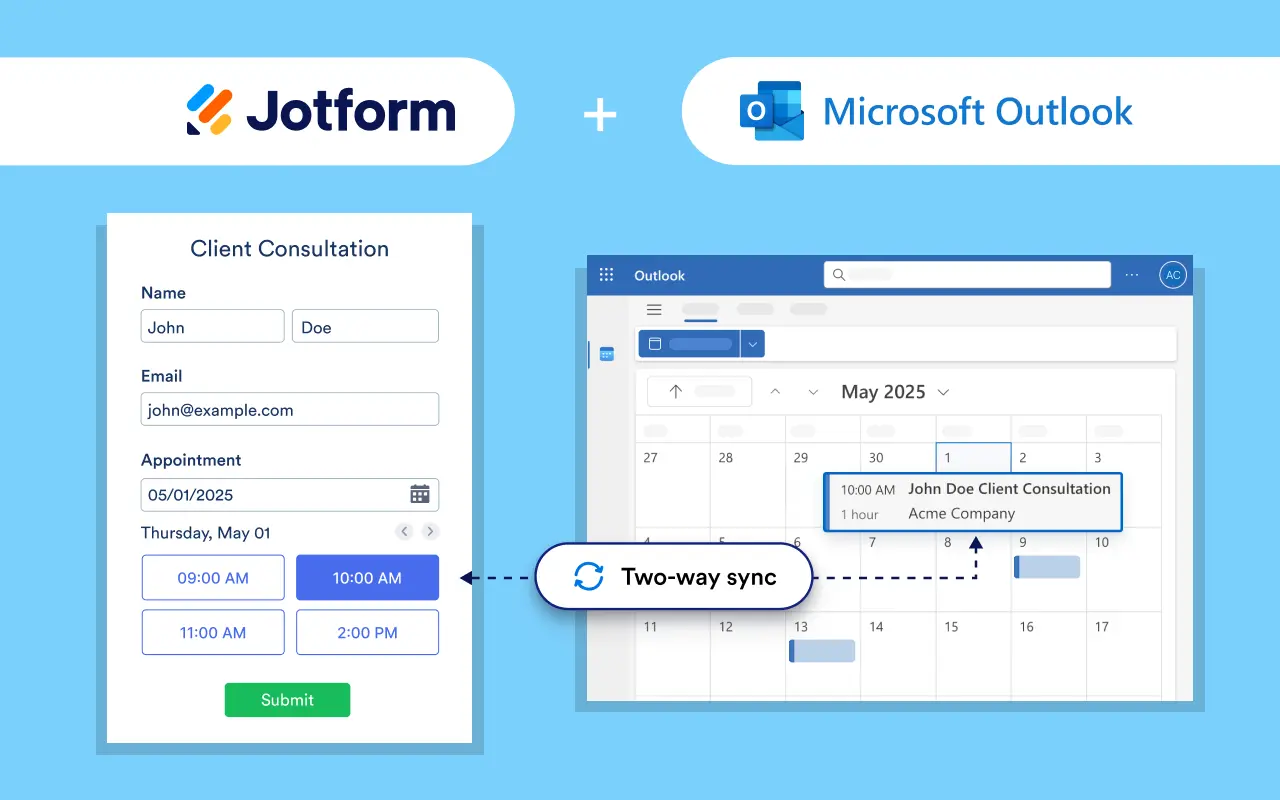 Jotform consultation form displayed next to Microsoft Outlook Calendar, with a corresponding appointment shown on the calendar