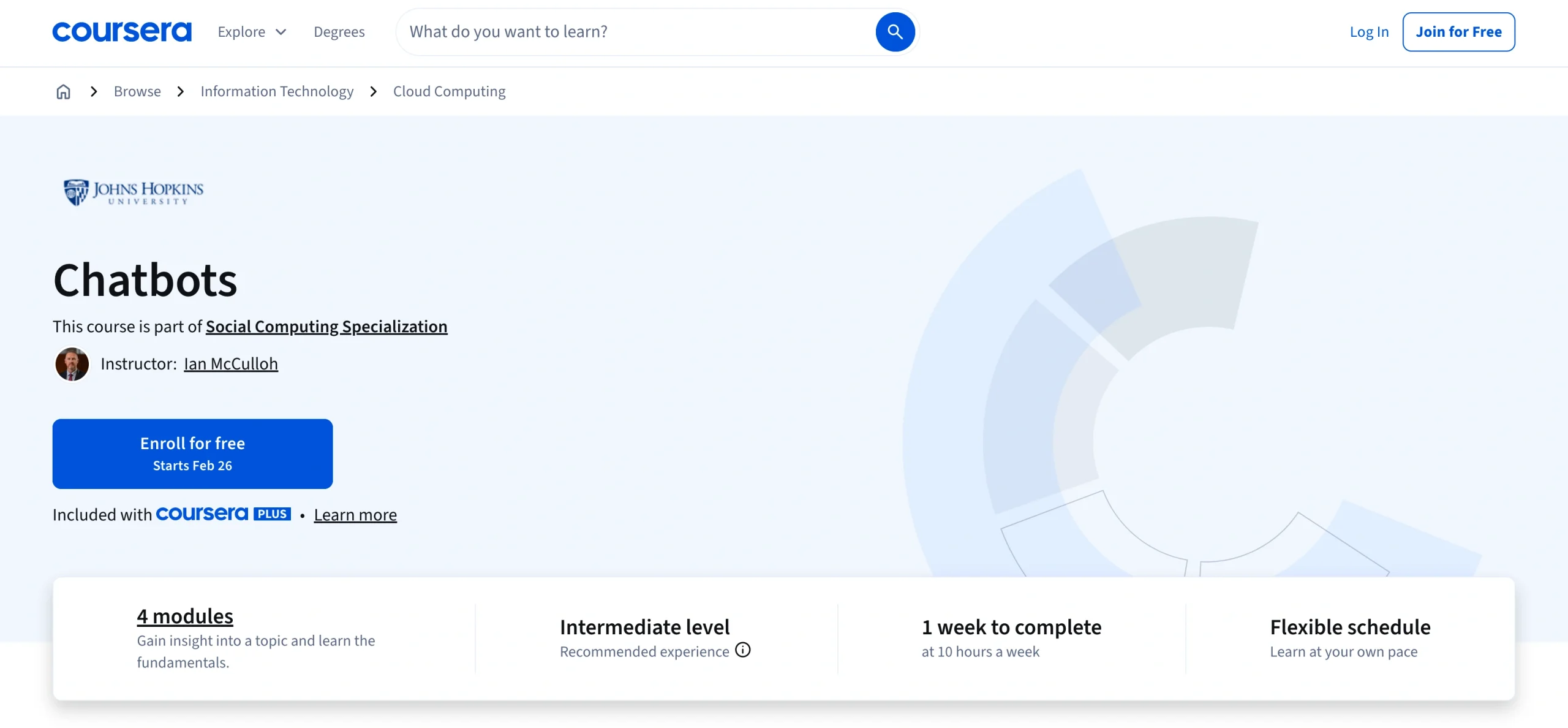 Coursera course page titled “Chatbots,” showing course banner, enrollment button, ratings, duration, and flexible schedule details