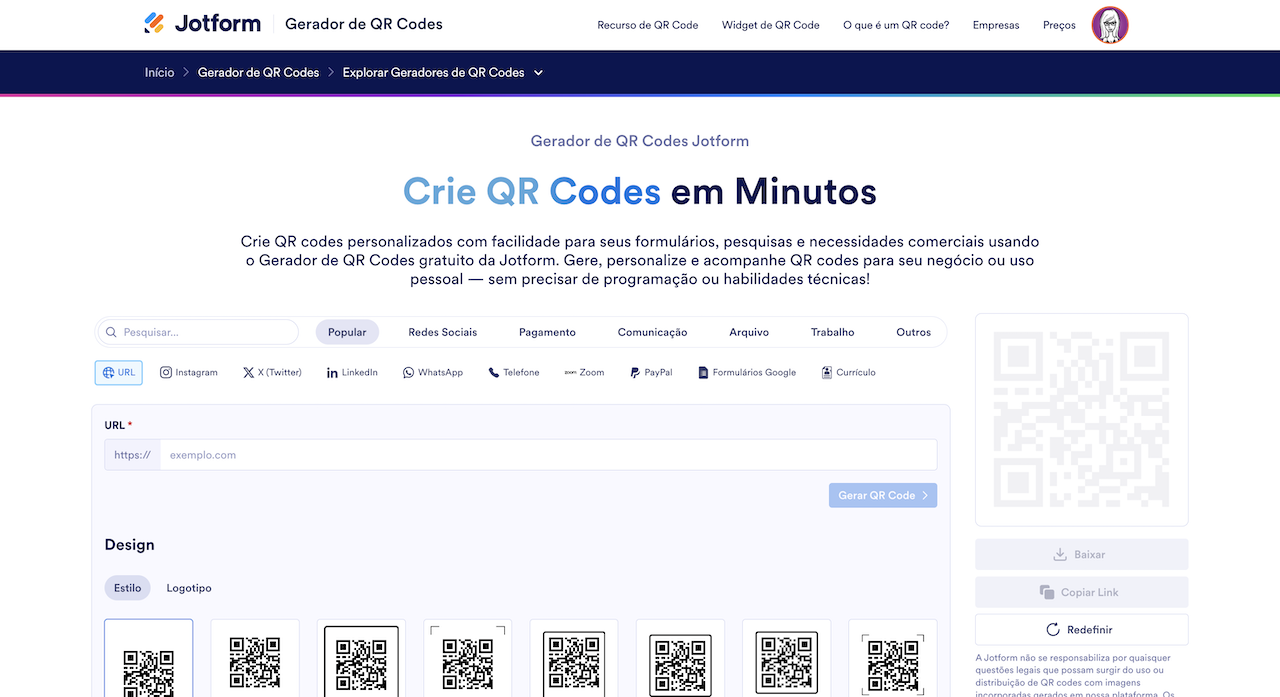 Captura de tela da página do Gerador de QR Codes da Jotform