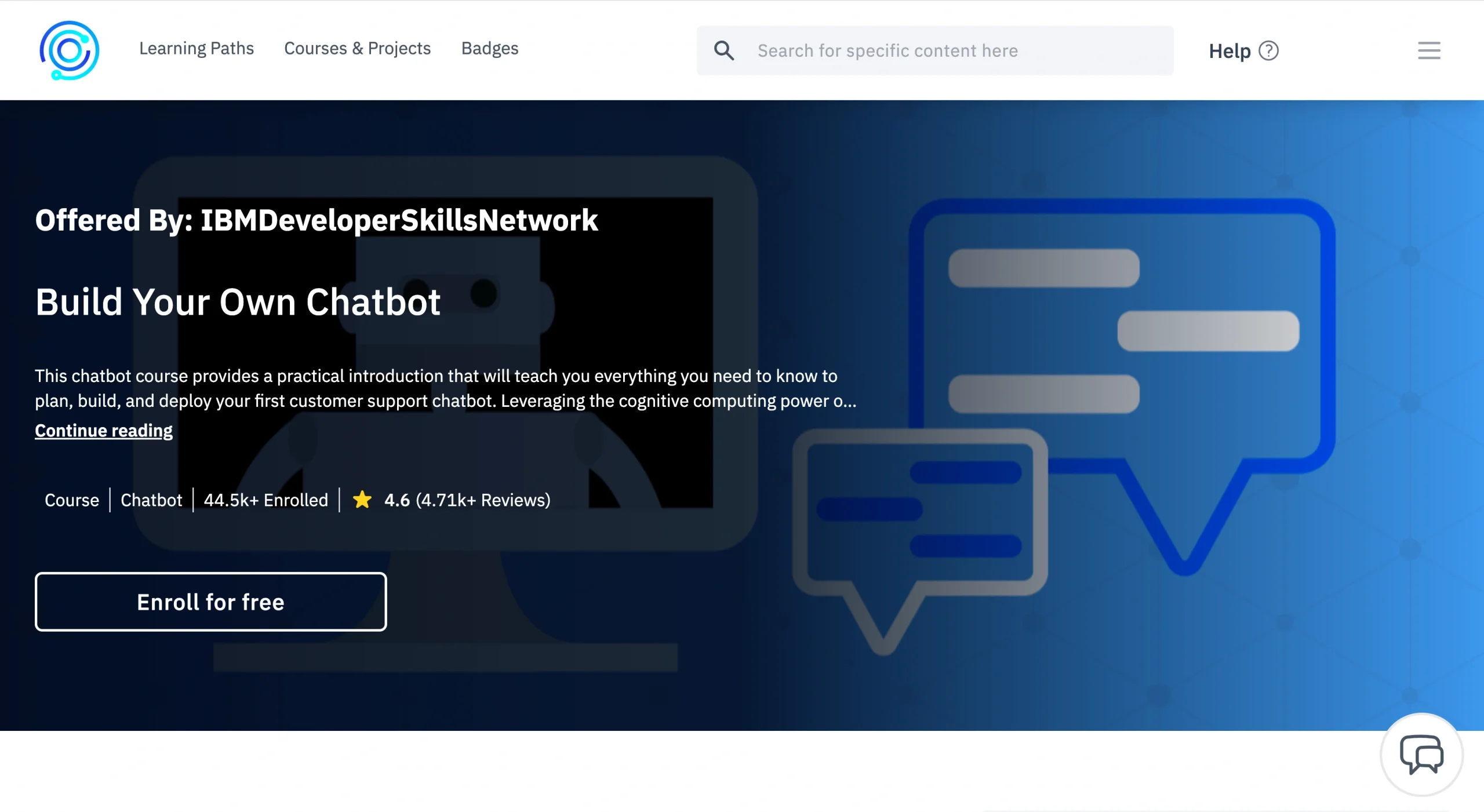 Cognitive Class course page titled “Build Your Own Chatbot,” offered by IBM Developer Skills Network, featuring a blue banner, course rating, and an Enroll for free button