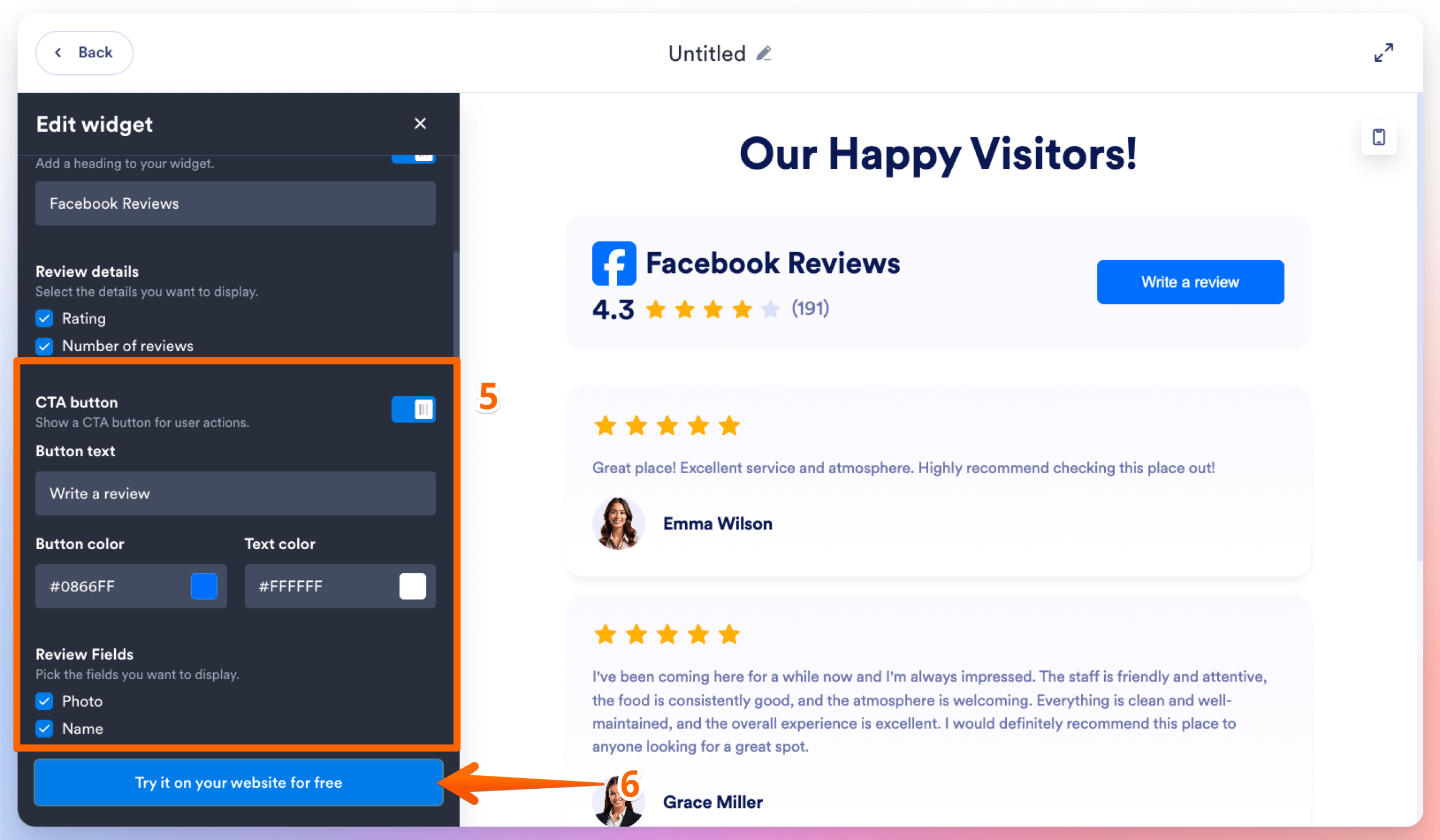 Appearance settings with toggles for header, CTA button, and review details, plus preview and “Try it on your website for free” button
