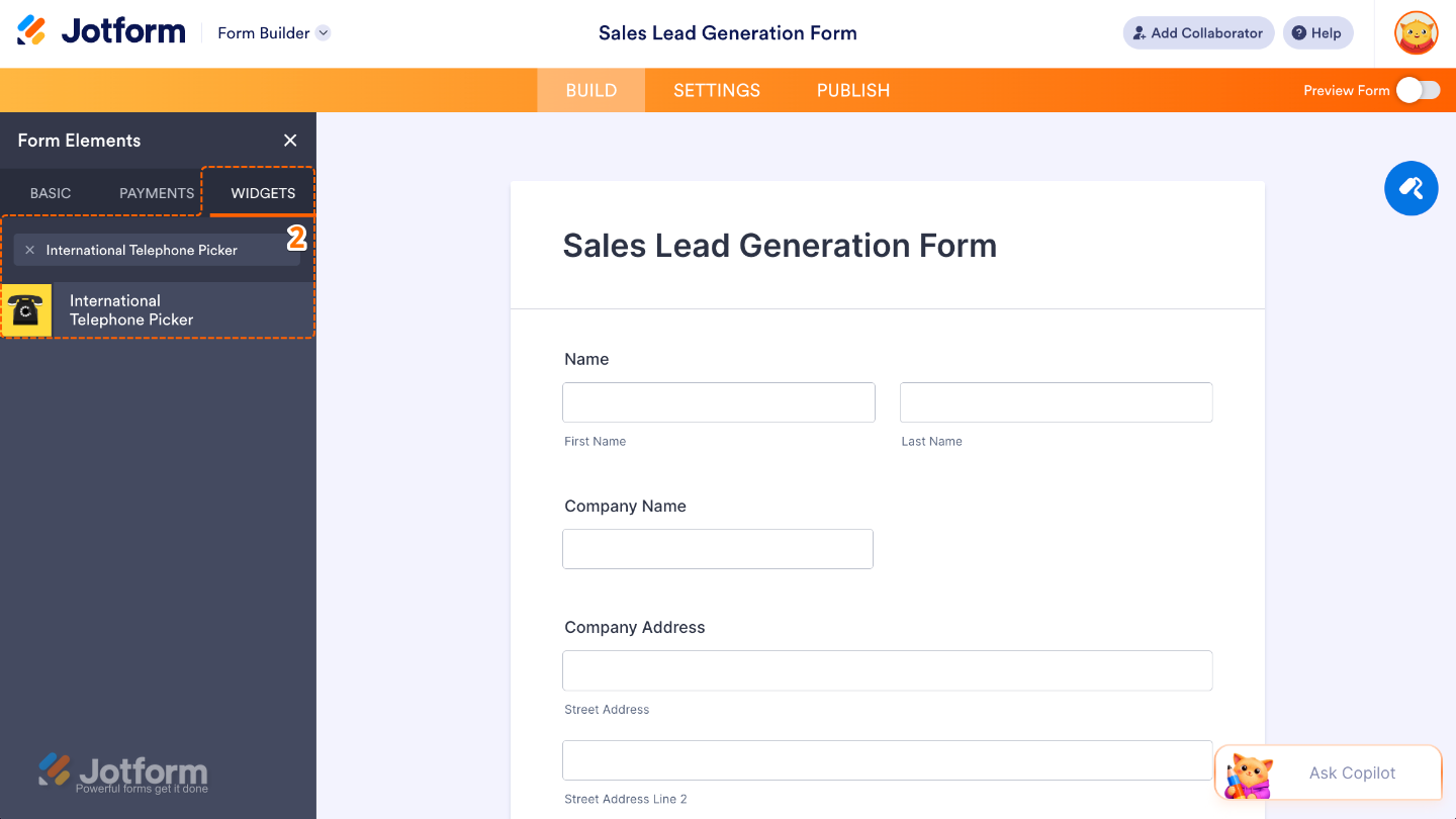 Form Builder Widgets tab showing International Telephone Picker being searched and selected