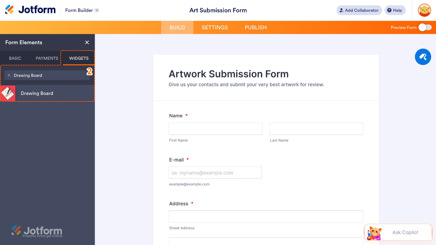 Form Elements menu under the Widgets tab showing the Drawing Board widget being searched and selected