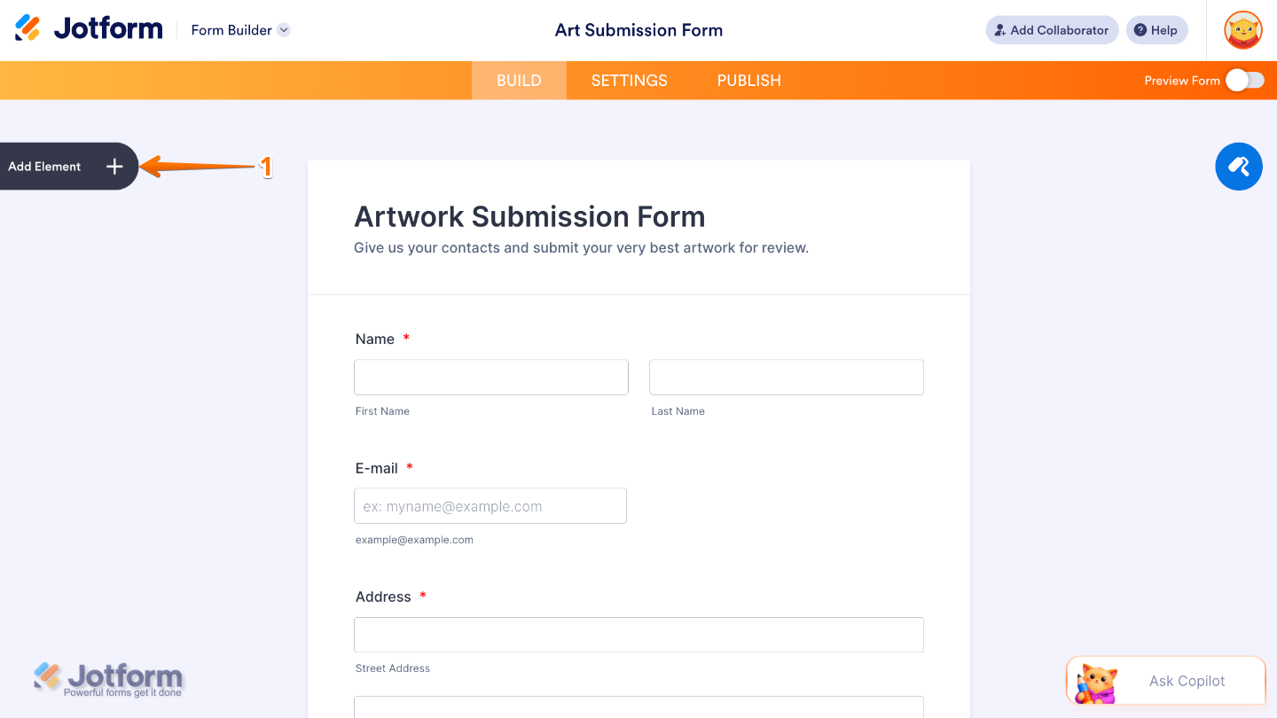 Form Builder interface showing the Add Element button on the left sidebar used to add new form fields