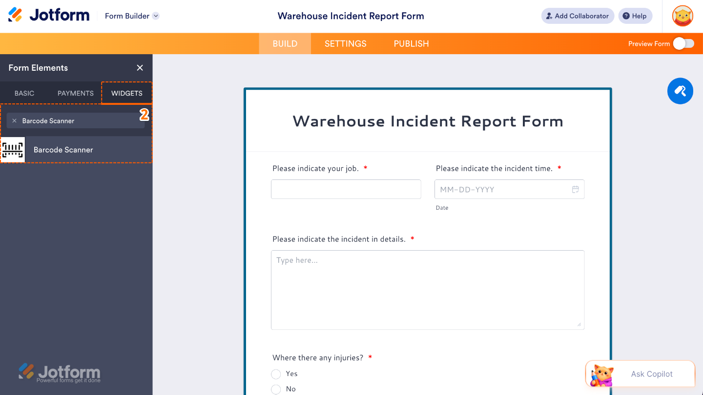 Form Elements menu under the Widgets tab showing the Barcode Scanner widget being searched and selected