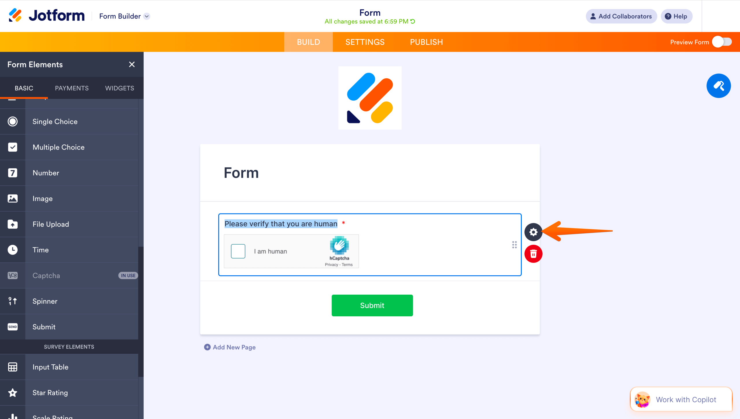 Form Builder showing a CAPTCHA field added to the form, with the settings gear icon highlighted