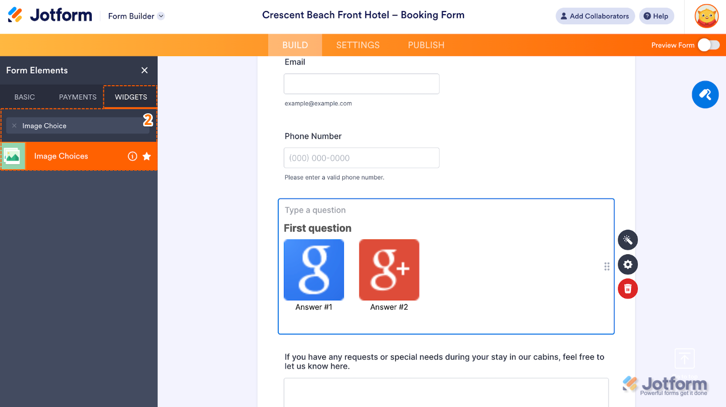 Form Elements menu under the Widgets tab showing the Image Choices widget being searched and selected