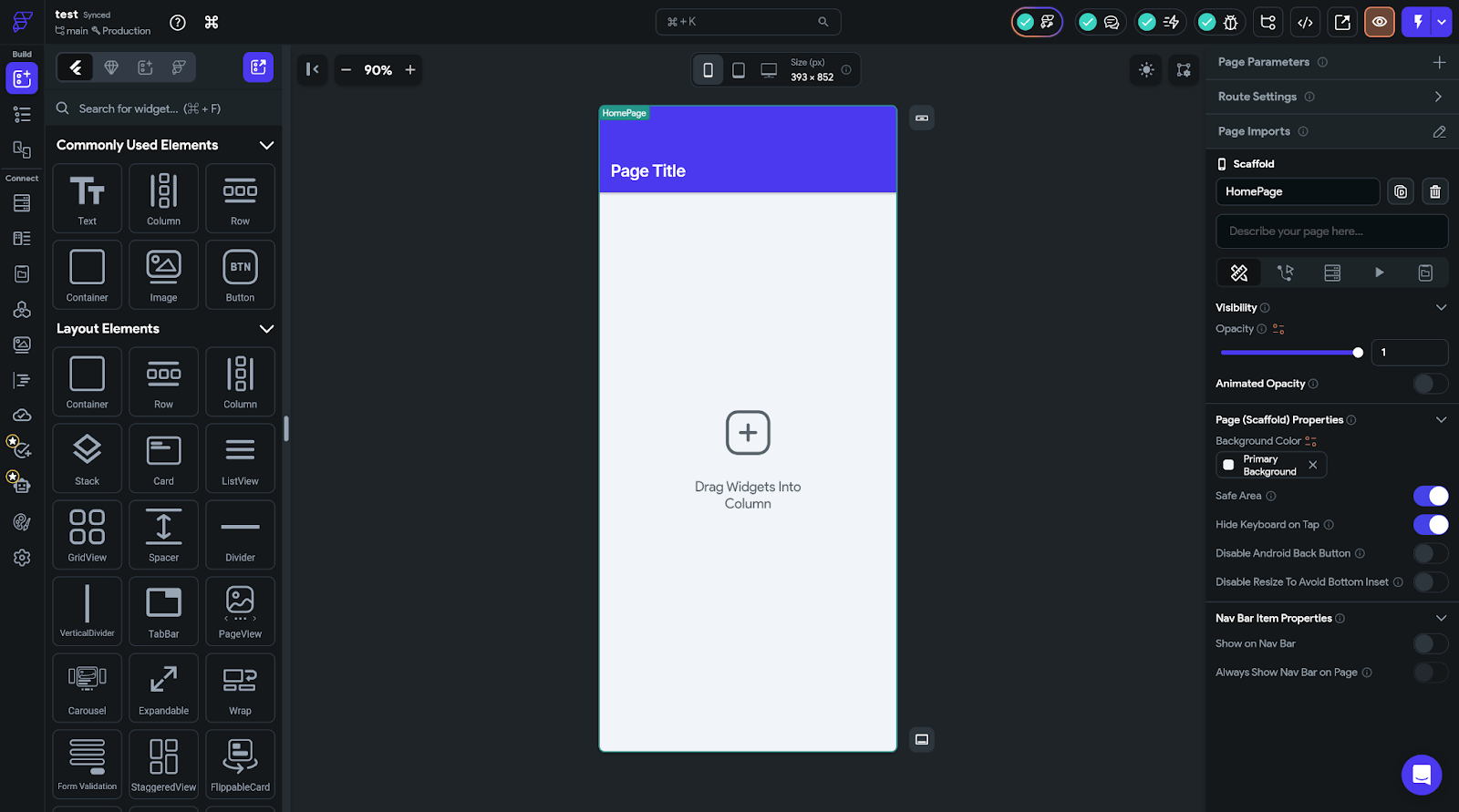 Screenshot of a sample app being built with FlutterFlow, showing the tool's user interface