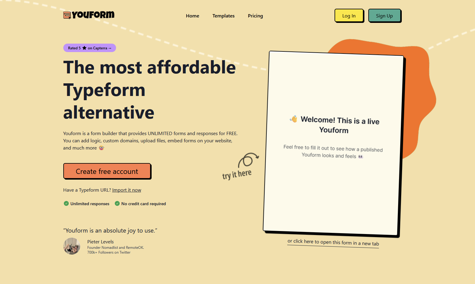Youform'un açılış sayfasının ekran görüntüsü, "En uygun fiyatlı Typeform alternatifi" başlığını gösteriyor