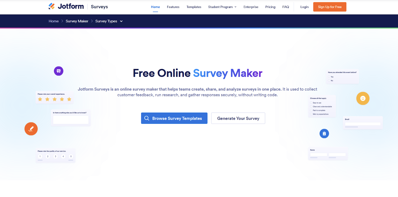 Jotform Ücretsiz Online Anket Oluşturucu açılış sayfasının ekran görüntüsü