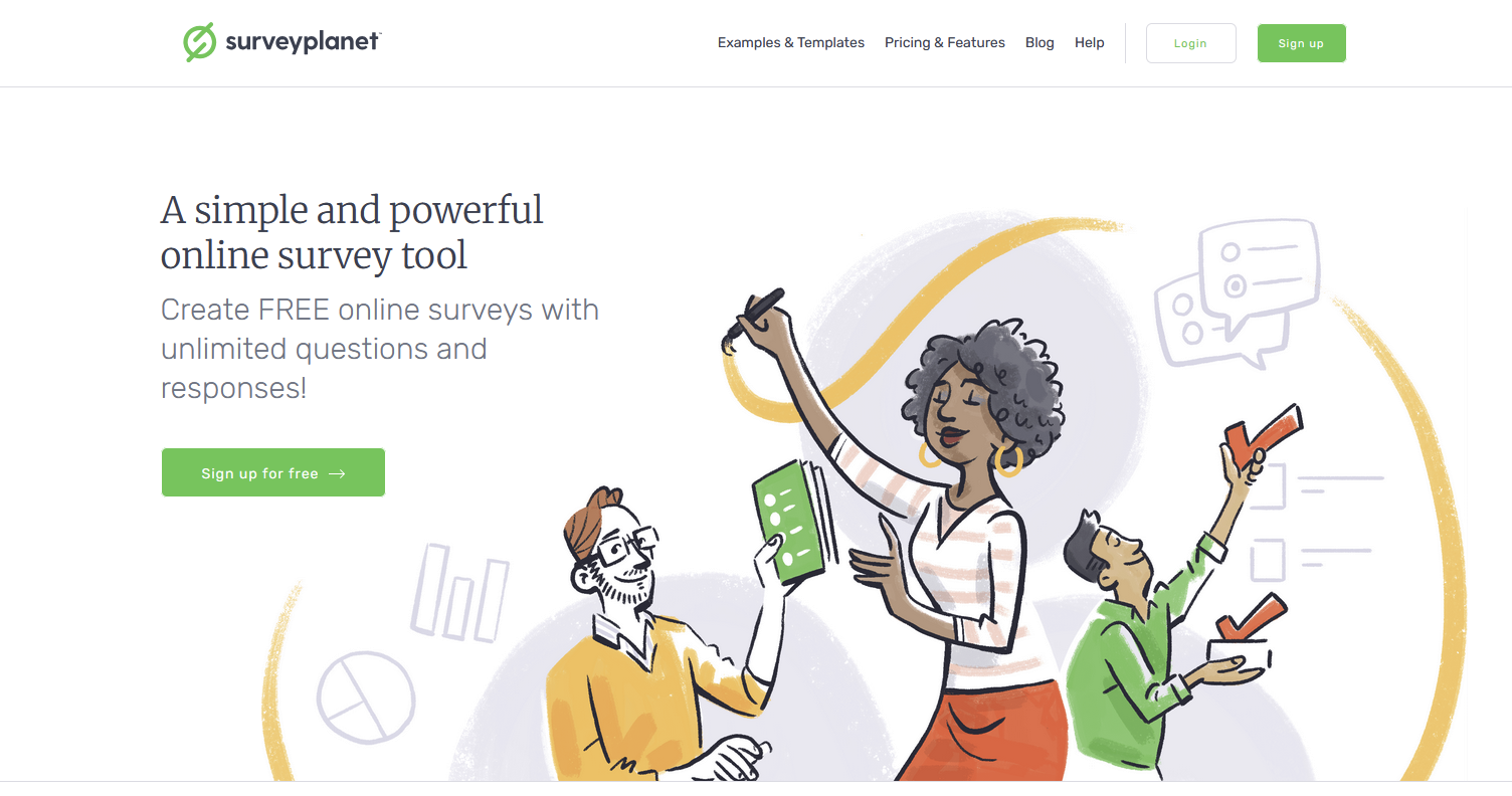 SurveyPlanet'in açılış sayfasının ekran görüntüsü, "Basit ve güçlü bir online anket aracı" başlığını gösteriyor