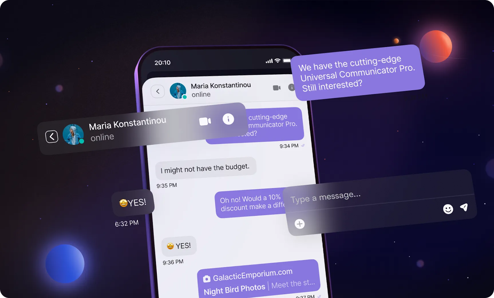 A smartphone screen displays a chat between two users discussing a product, mentioning a discount offer