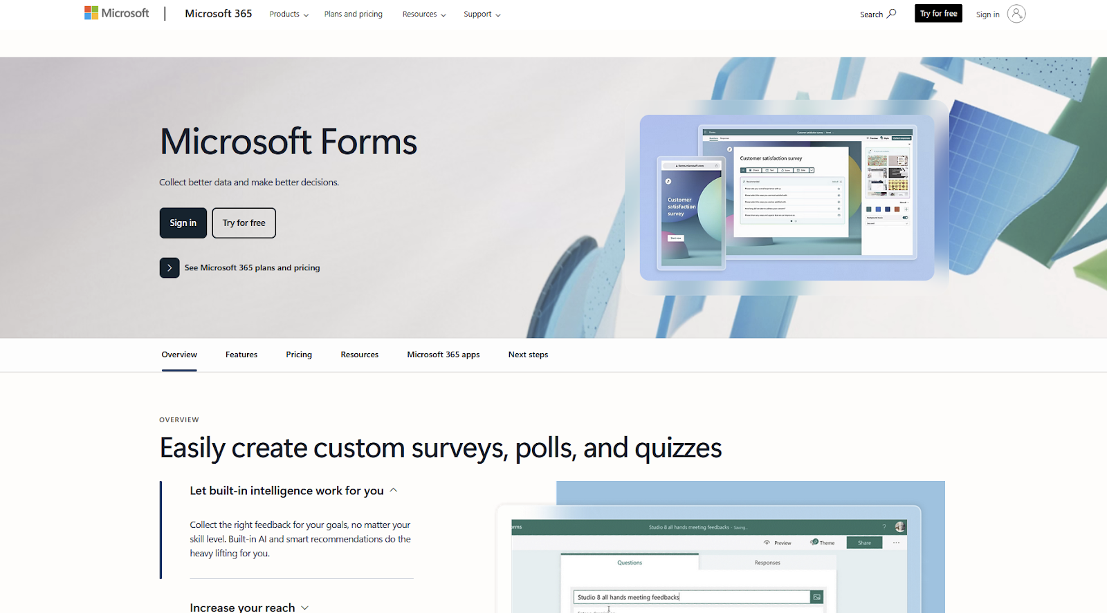 Microsoft Forms'un açılış sayfasının ekran görüntüsü